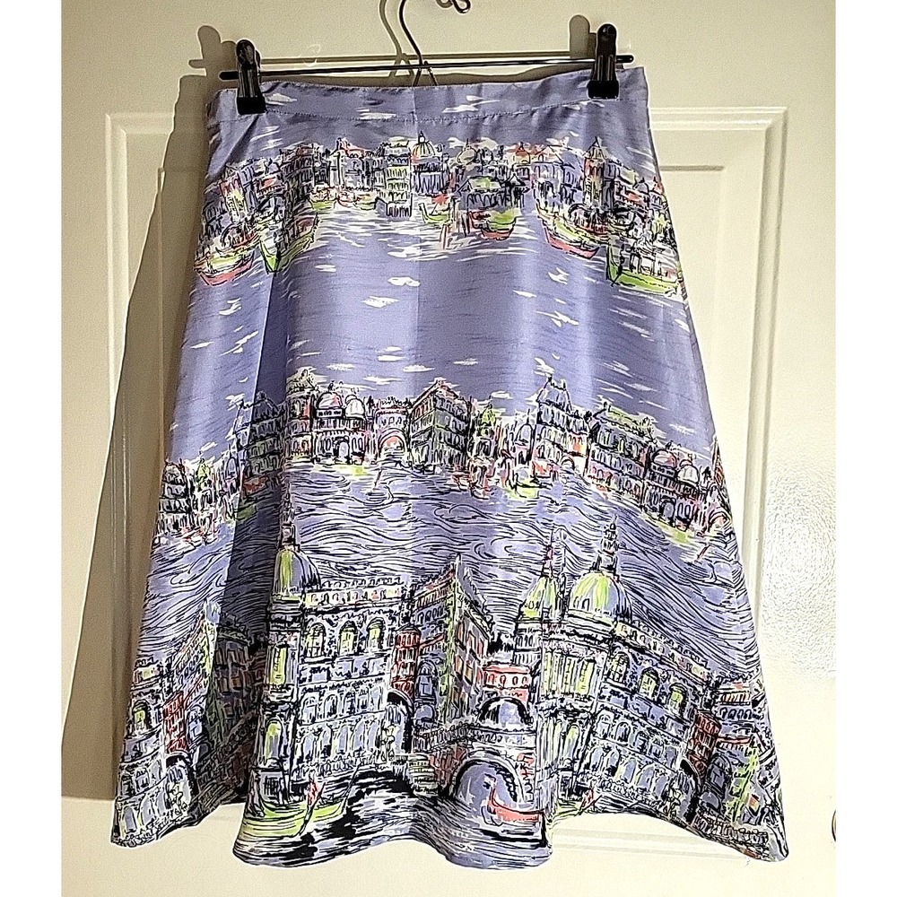 JW Junction West 100% Silk Skirt‎ Venice Scene Lavender Anthropologie Style Sz 6